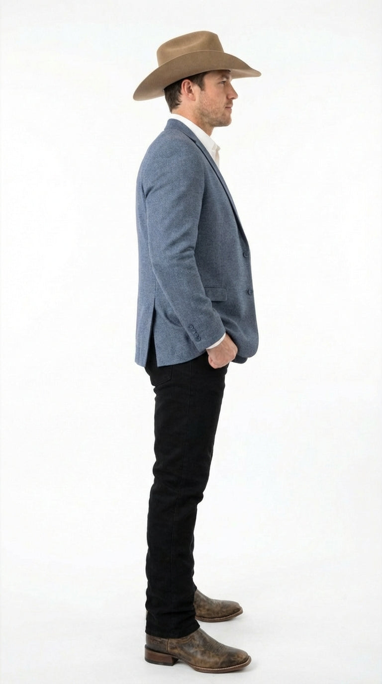 Mens Blue Textured Cowboy Blazer Western Style Sport Coat for Ranch Wedding, Business and Country Events - 38 Short Jacket+32 Waist Adjustable 28to34)(Height: 5 4 to5 7 )(Neck  15-16.5)S-M)