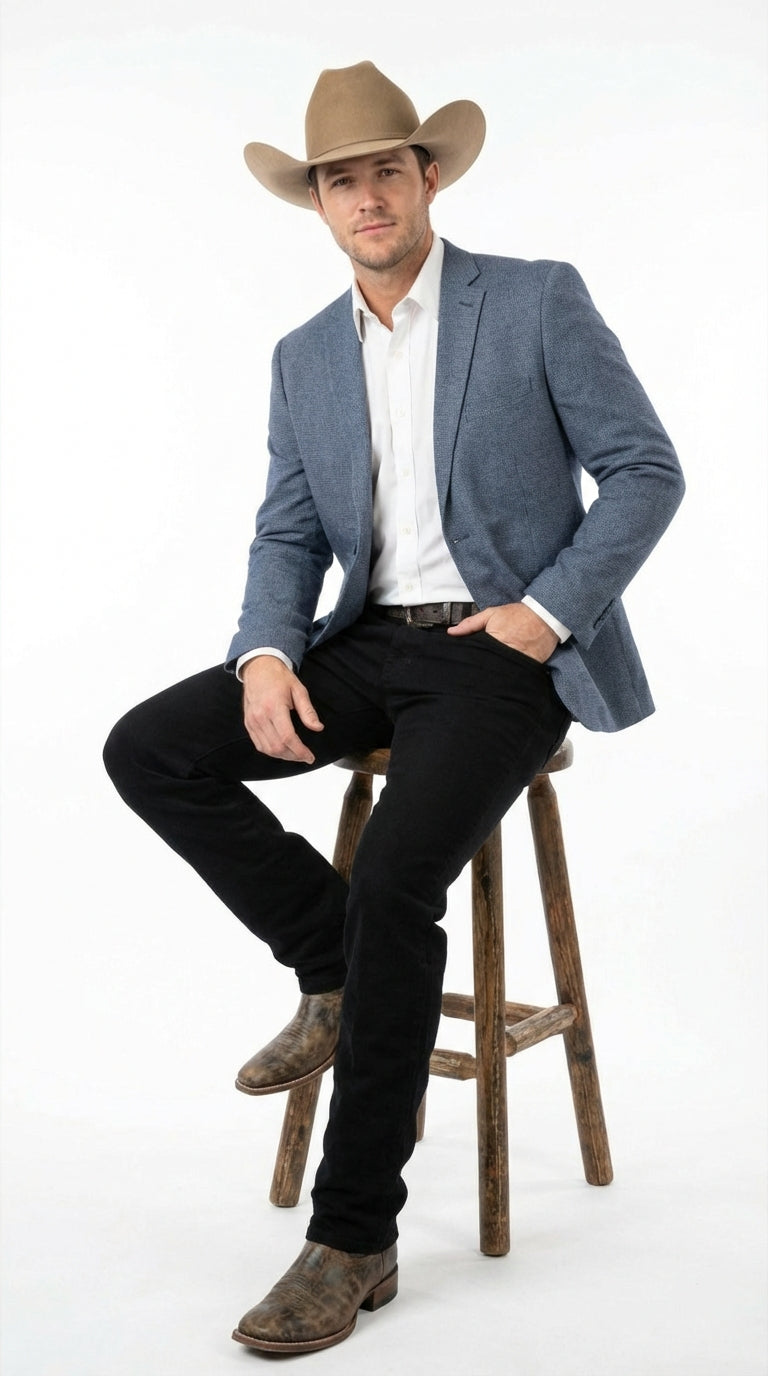 Mens Blue Textured Cowboy Blazer Western Style Sport Coat for Ranch Wedding, Business and Country Events - 38 Short Jacket+32 Waist Adjustable 28to34)(Height: 5 4 to5 7 )(Neck  15-16.5)S-M)