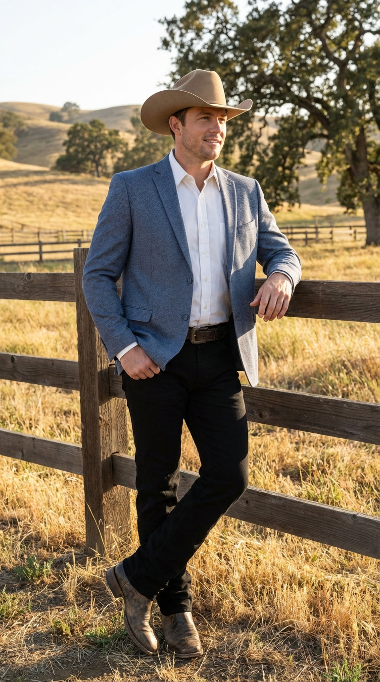 Mens Blue Textured Cowboy Blazer Western Style Sport Coat for Ranch Wedding, Business and Country Events - 38 Short Jacket+32 Waist Adjustable 28to34)(Height: 5 4 to5 7 )(Neck  15-16.5)S-M)