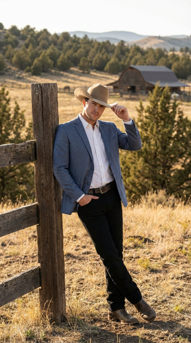 Mens Blue Textured Cowboy Blazer Western Style Sport Coat for Ranch Wedding, Business and Country Events - 38 Short Jacket+32 Waist Adjustable 28to34)(Height: 5 4 to5 7 )(Neck  15-16.5)S-M)