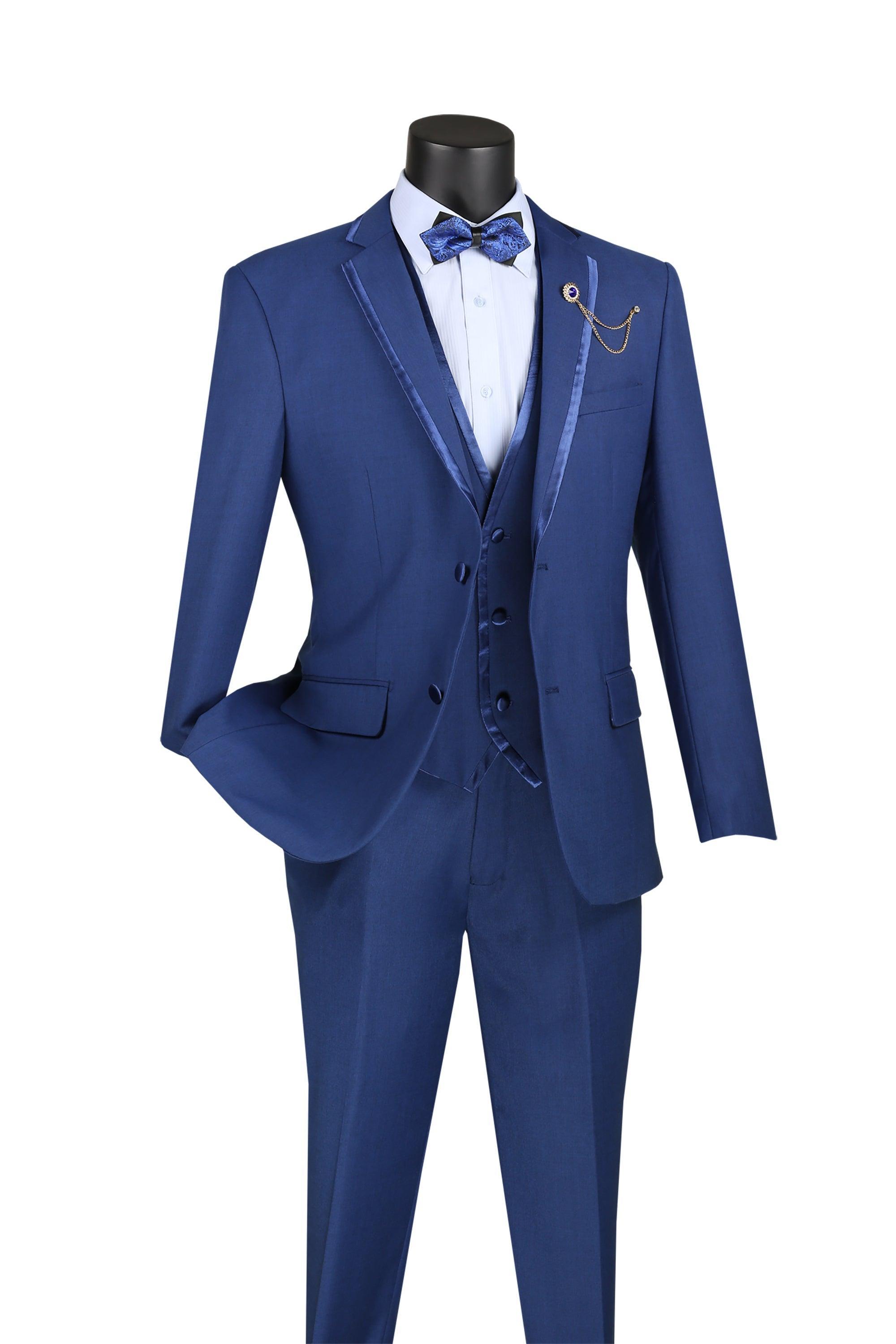 Blue Trimmed Lapel Slim Fit 3 Piece Suit - 34 Short  - 28 Waist