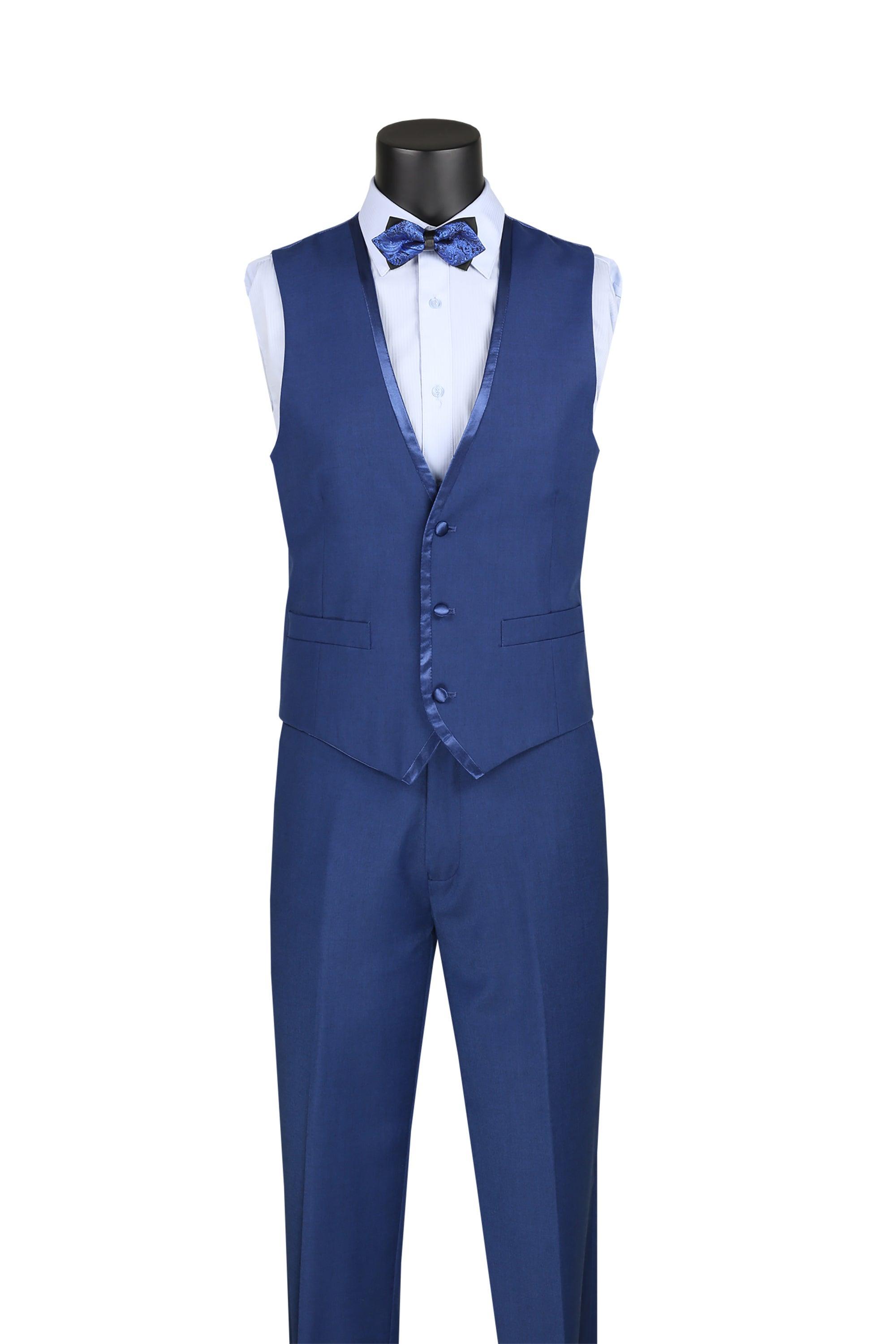 Blue Trimmed Lapel Slim Fit 3 Piece Suit - 34 Short  - 28 Waist