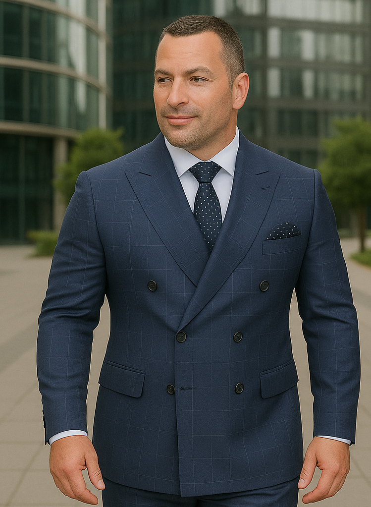 Wool Suit - Italian Made Business Suit by Statement Men's 2 Piece 100% Wool Double Breasted Suit - Micro Windowpane - 38R
