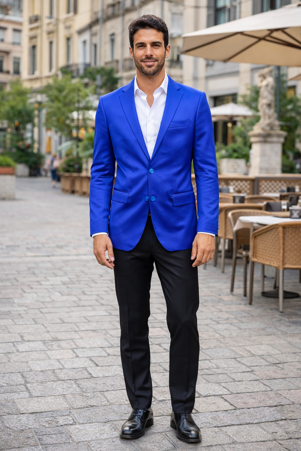 Men’s Slim Fit Blue Satin Blazer – Elegant Two-Button Formal Suit Jacket for Weddings, in blue Color - 34 Short