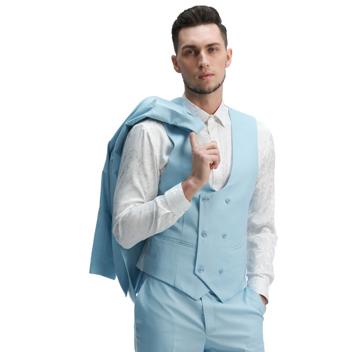 3-Piece Skinny Fit Solid Suit with Peak Lapel Vest - Baby Blue by Tazzio
