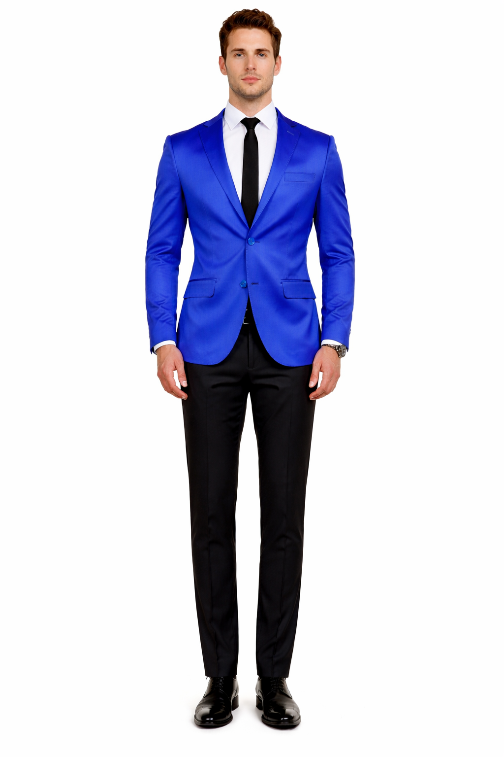 Men’s Slim Fit Blue Satin Blazer – Elegant Two-Button Formal Suit Jacket for Weddings, in blue Color - 34 Short