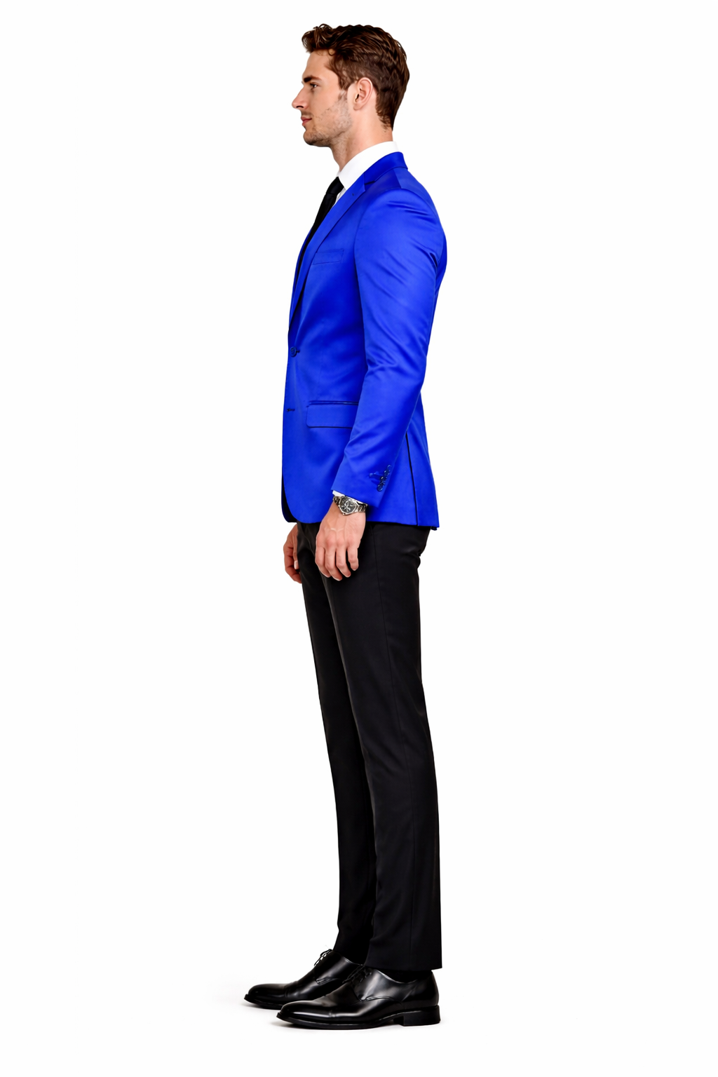 Men’s Slim Fit Blue Satin Blazer – Elegant Two-Button Formal Suit Jacket for Weddings, in blue Color - 34 Short