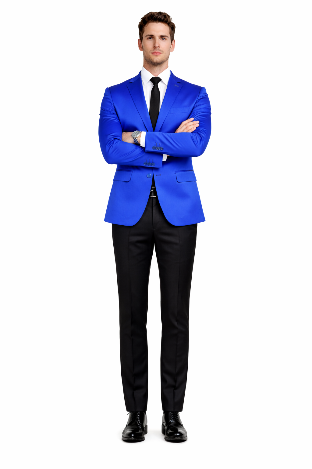 Men’s Slim Fit Blue Satin Blazer – Elegant Two-Button Formal Suit Jacket for Weddings, in blue Color - 34 Short