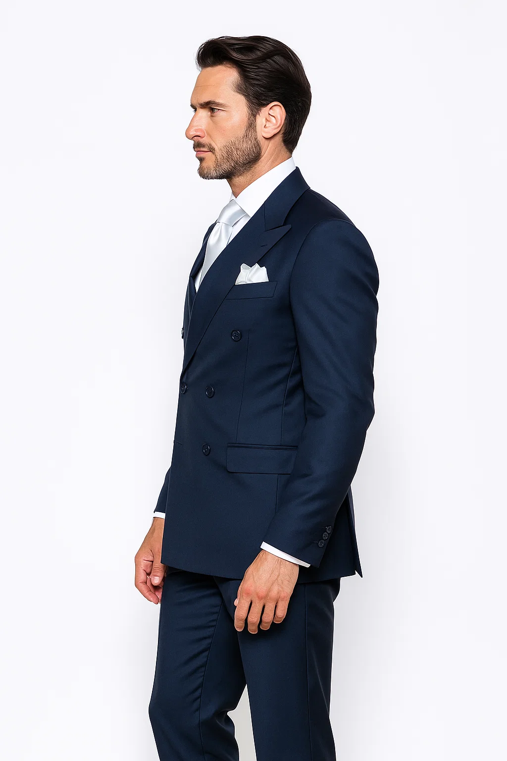 Suits With Baggy Pleated Pants - Wide Leg Pants 100% Wool - Classic Fit in Navy Color by Rossiman - 38 Regular