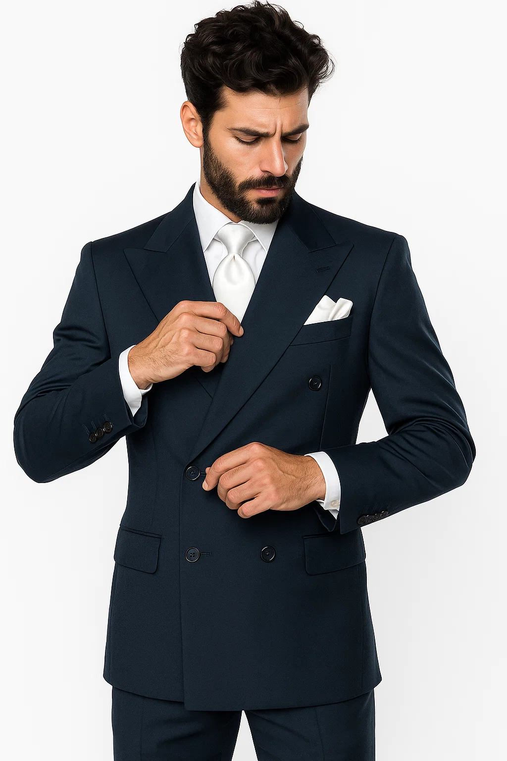 Suits With Baggy Pleated Pants - Wide Leg Pants 100% Wool - Classic Fit in Navy Color by Rossiman - 38 Regular