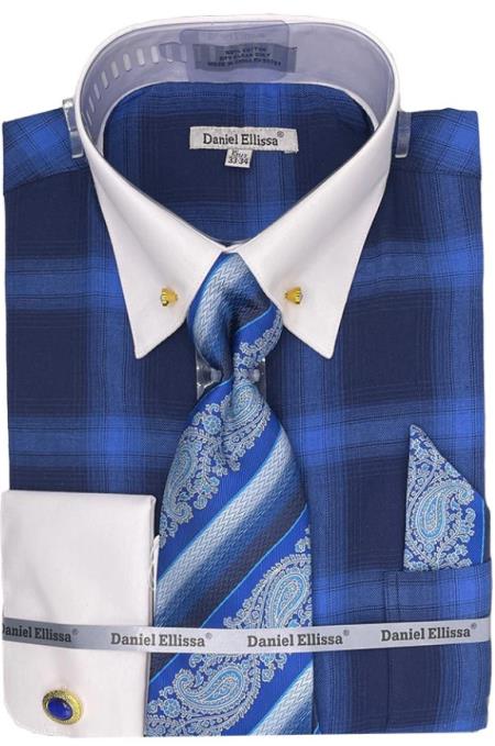 Mens Blue Tone On Tone Check Printed Dress Shirt - Medium 15.5" Neck/34-35" Sleeve