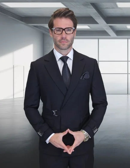 Statement Men's 2 Piece 100% Wool Modern Fit Double Breasted Suit - Metal Buckle - 38R