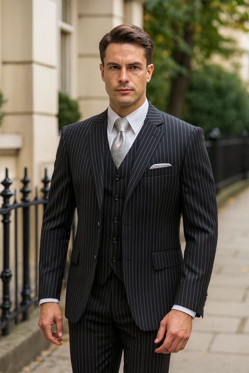 "Bold Pinstripe Gangster Suit - Men's 2-Button Vested in Black" - 38 Long
