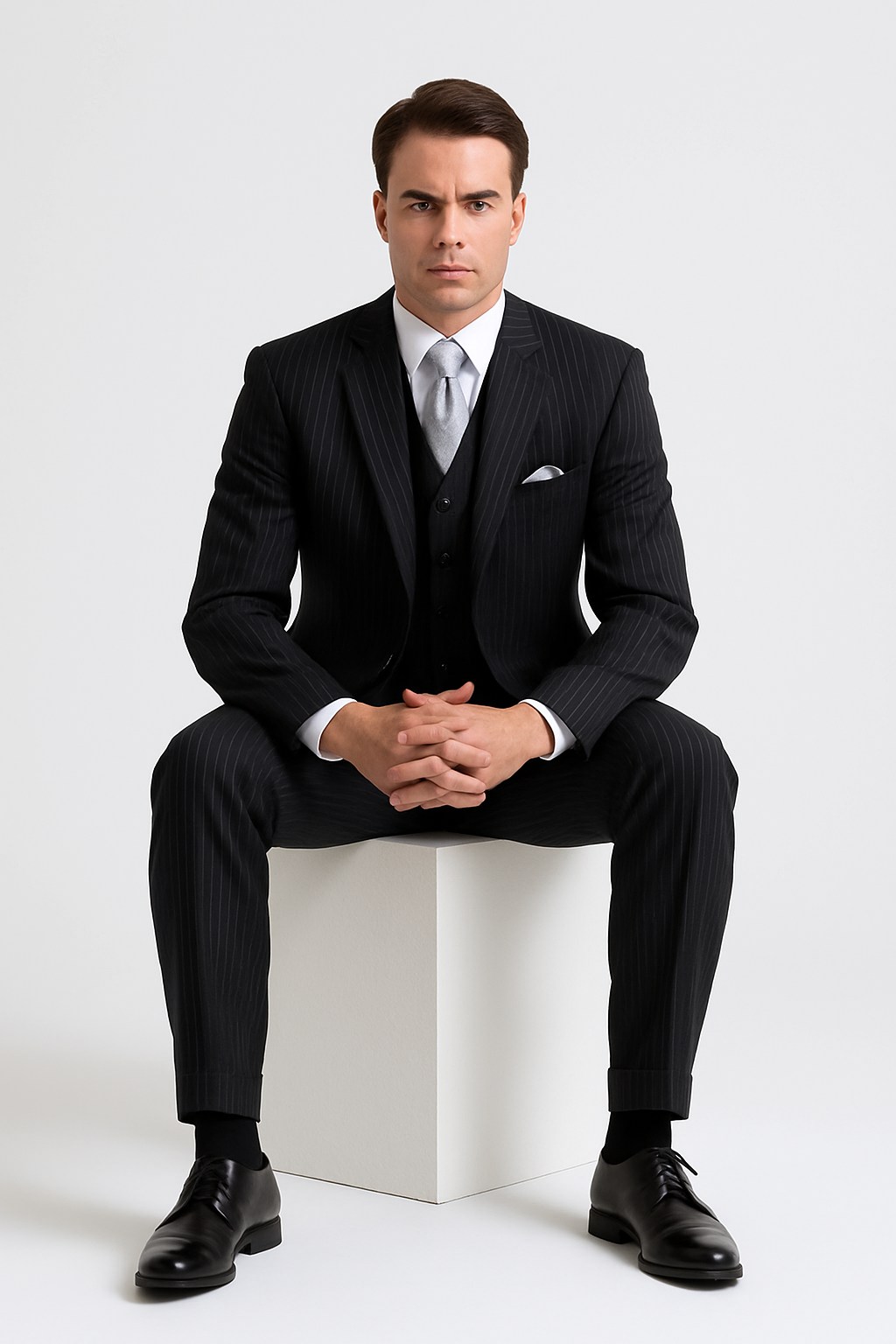 "Bold Pinstripe Gangster Suit - Men's 2-Button Vested in Black" - 38 Long