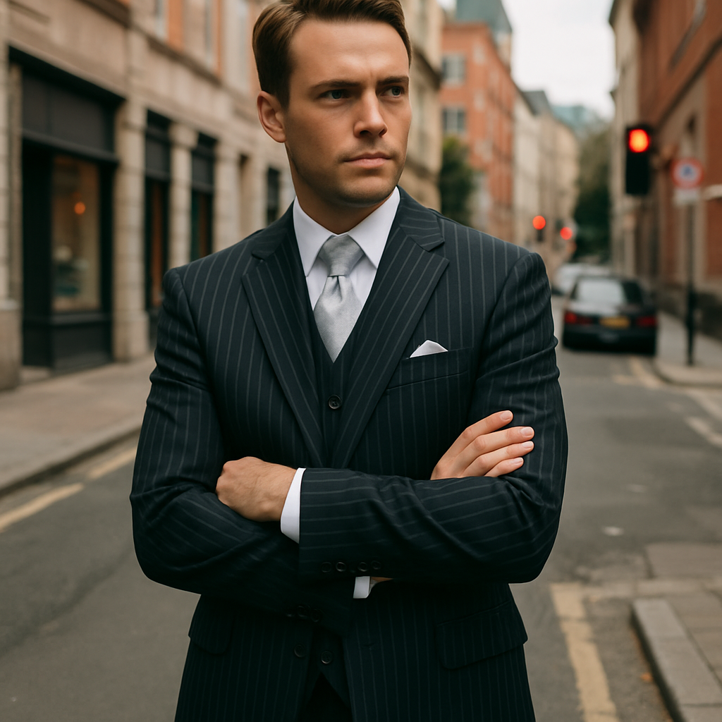 "Bold Pinstripe Gangster Suit - Men's 2-Button Vested in Black" - 38 Long