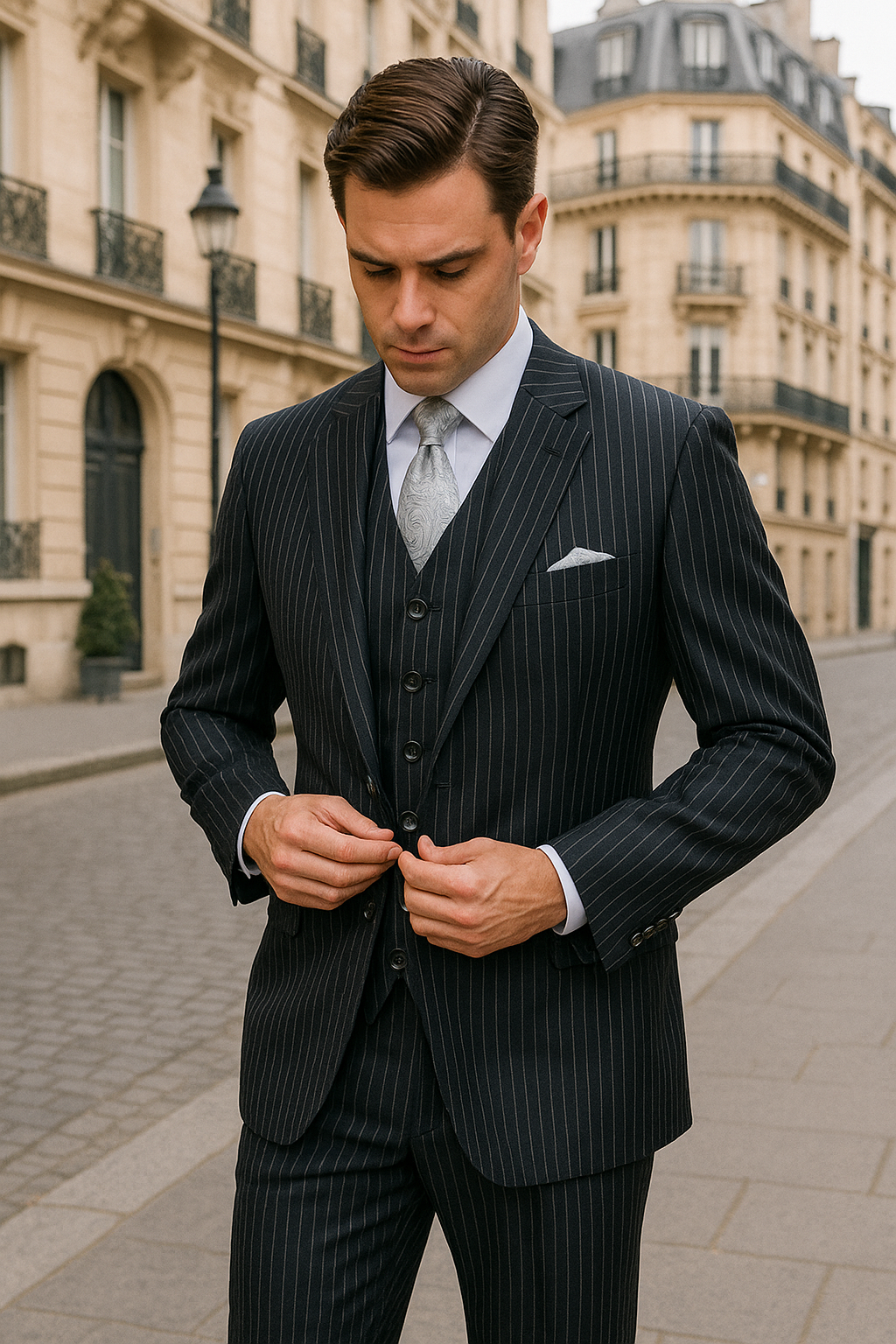"Bold Pinstripe Gangster Suit - Men's 2-Button Vested in Black" - 38 Long