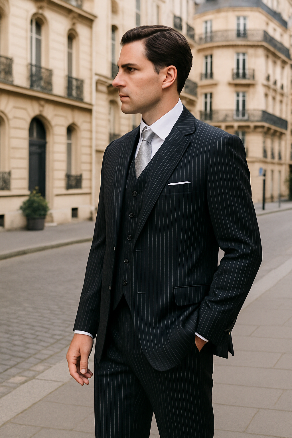 "Bold Pinstripe Gangster Suit - Men's 2-Button Vested in Black" - 38 Long
