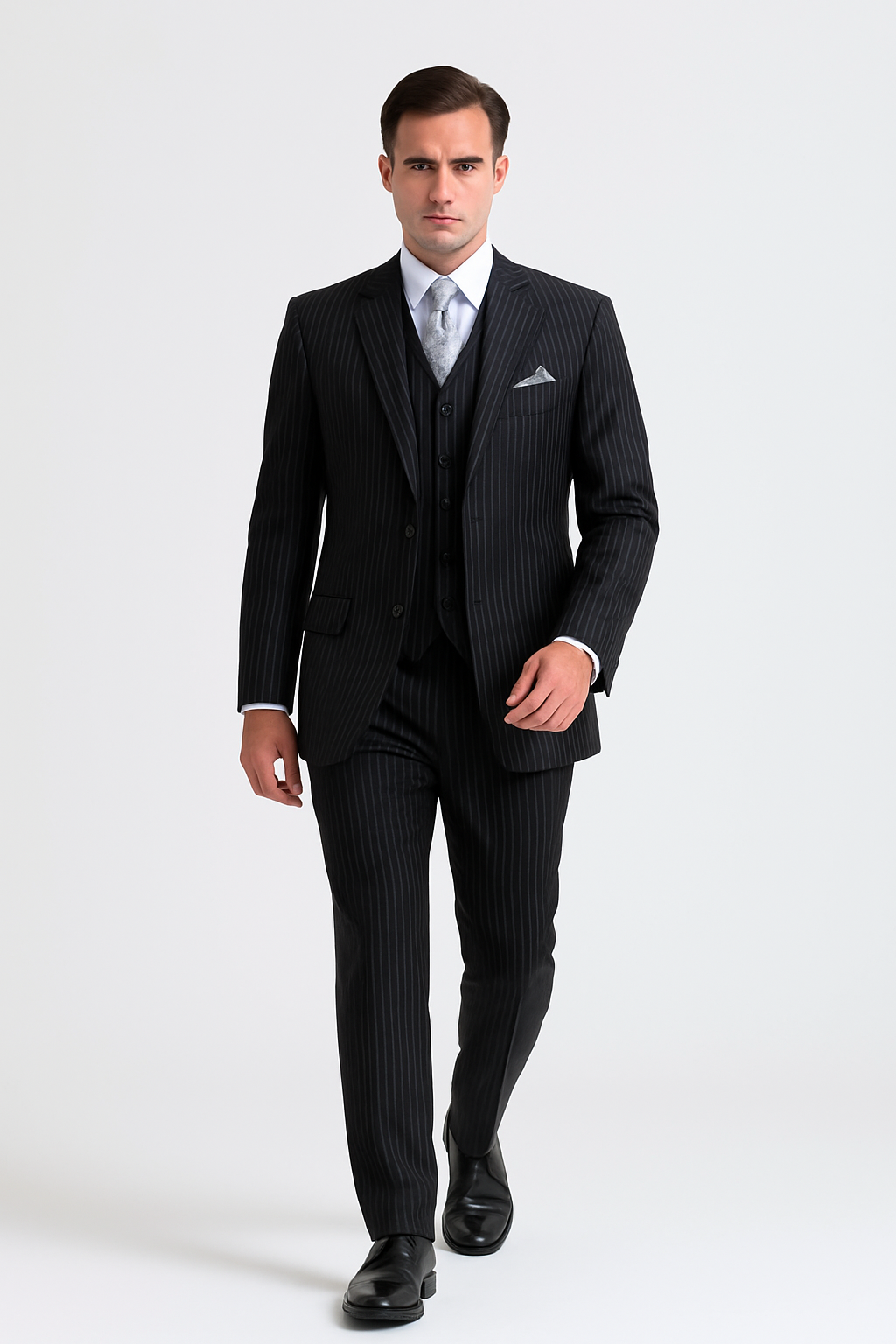 "Bold Pinstripe Gangster Suit - Men's 2-Button Vested in Black" - 38 Long