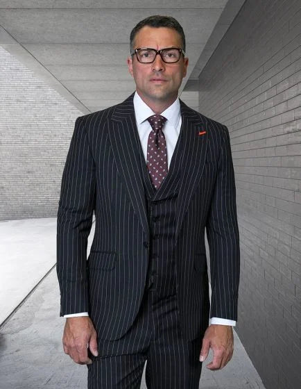 Statement Men's 100% Wool Pinstripe 3 Piece Suit - Peak Lapel - 38R