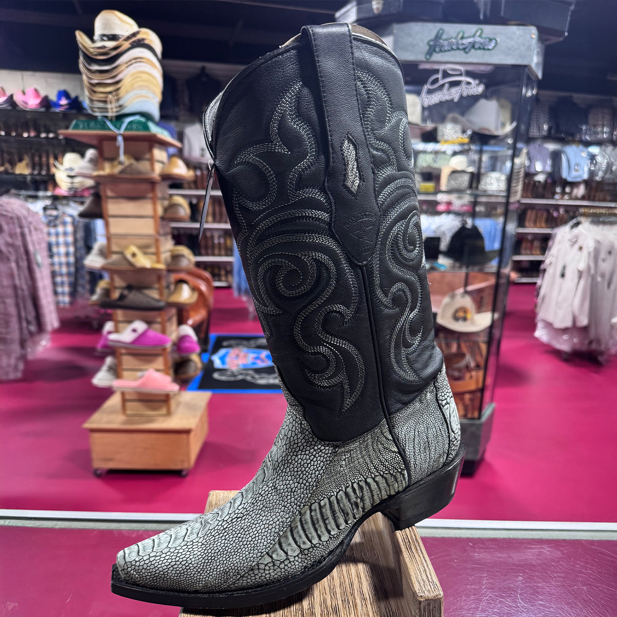Rustic Black Ostrich Leg Boots - EE