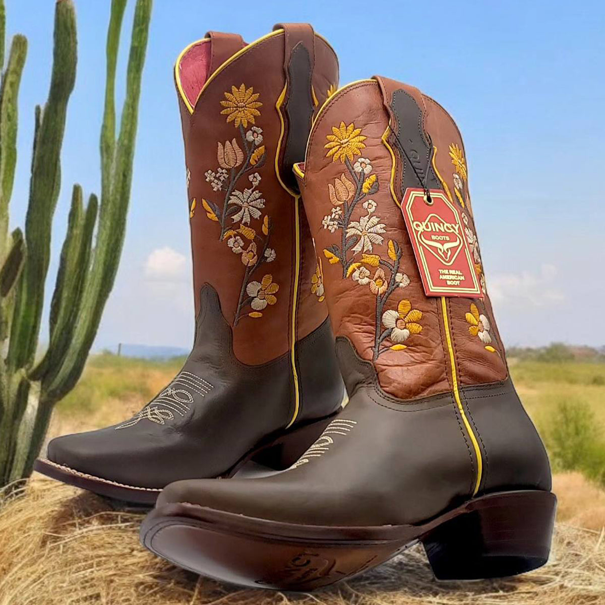 Flowered Square Toe Cowgirl Boots - Brown - Brown