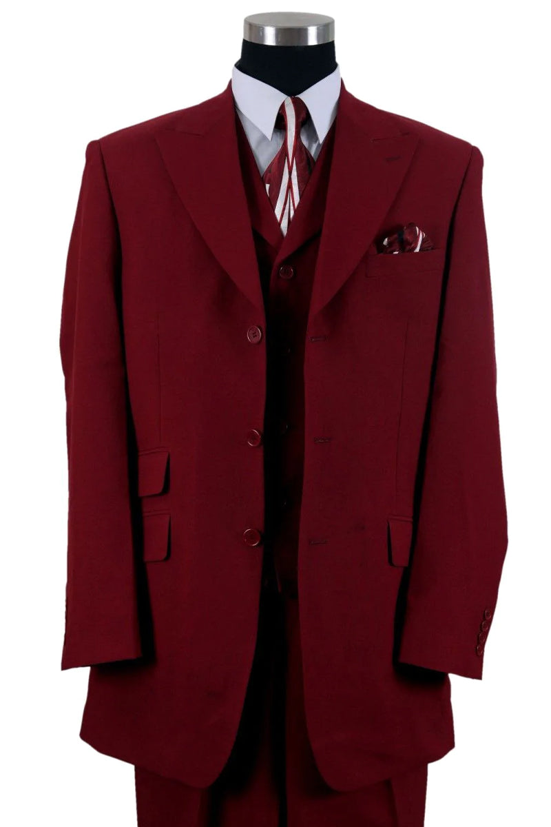 "Burgundy Men's Fashion Suit with 3-Button Vested Wide Peak Lapel"