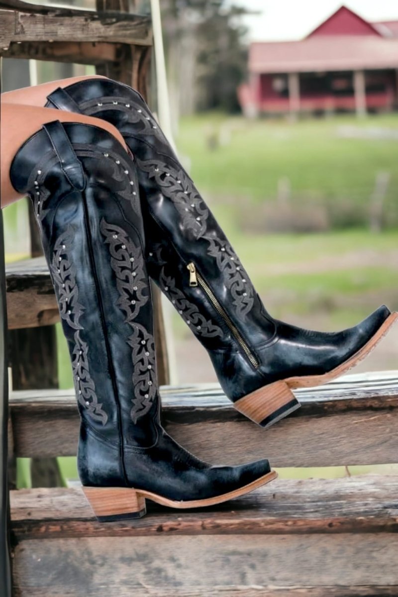 Botas Altas de Cuero Original para Mujer Color Negro Q34ST2705