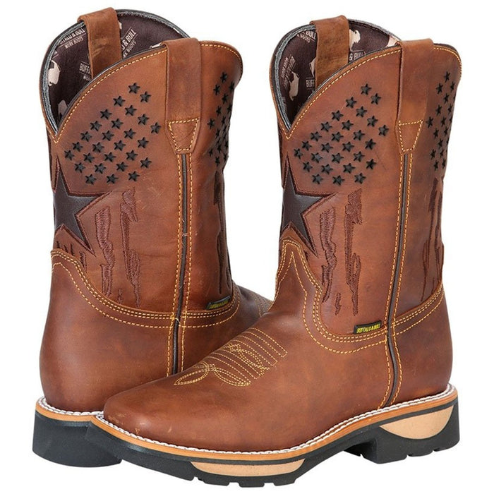 Botas de Trabajo de Cuero Horma Rodeo Color Tan con Estrellas GEN - 6