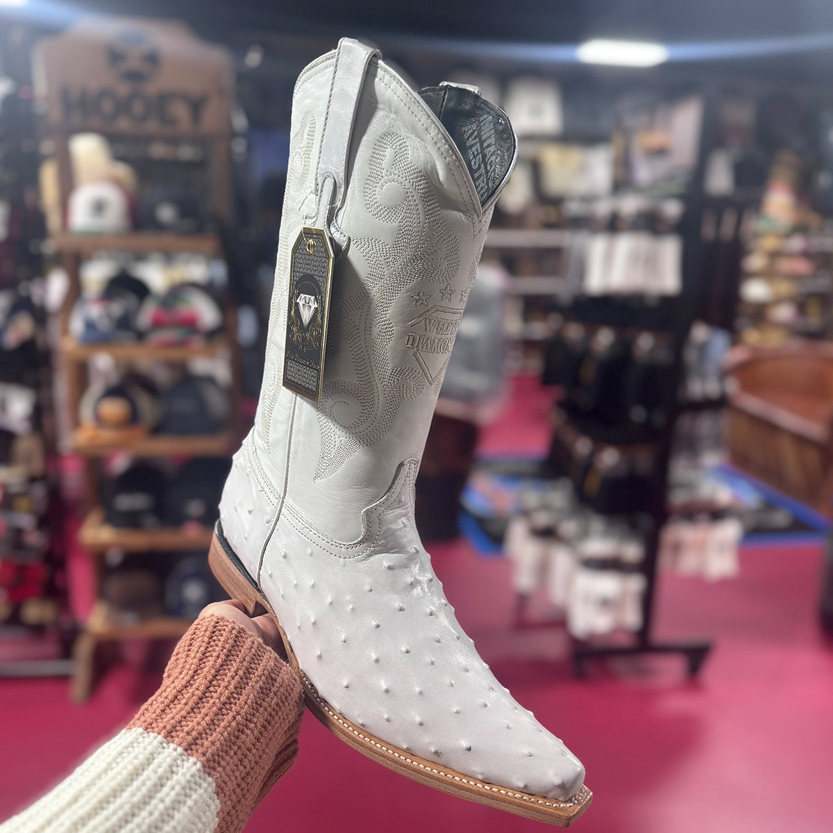 Mens White Diamond Boot White Ostrich Print Western Boots Pointy Toe Pointed Toe - 6