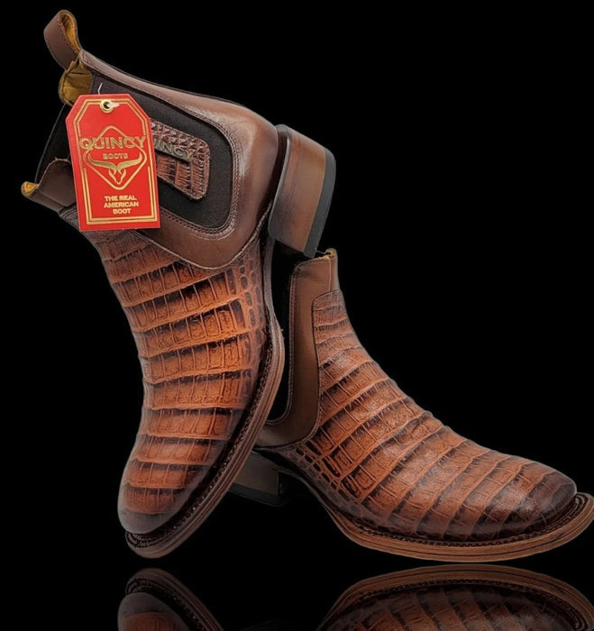 Botin de Cocodrilo Grabado Nuca con Punta Cuadrada Color Cognac - 6