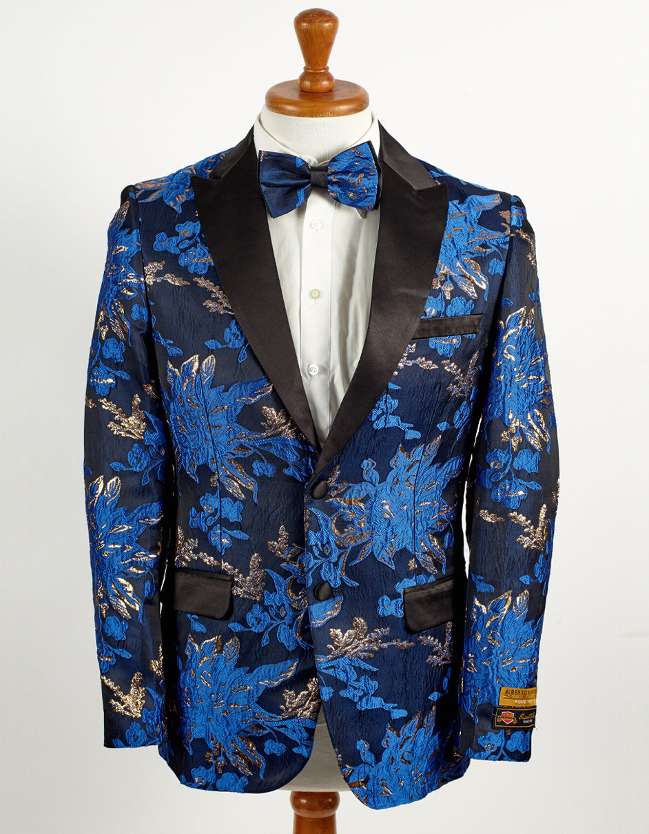 Mens Royal Blue Prom Tuxedo - Mens 2 Button Royal Blue and Gold Foil Paisley Tuxedo Blazer