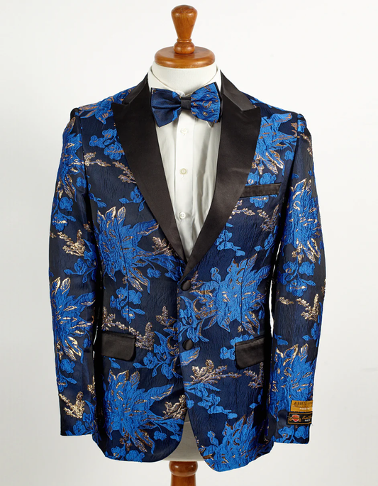 Best Mens 2 Button Royal Blue and Gold Foil Paisley Tuxedo Blazer  - For Men  Fashion Perfect For Wedding or Prom or Business  or Church