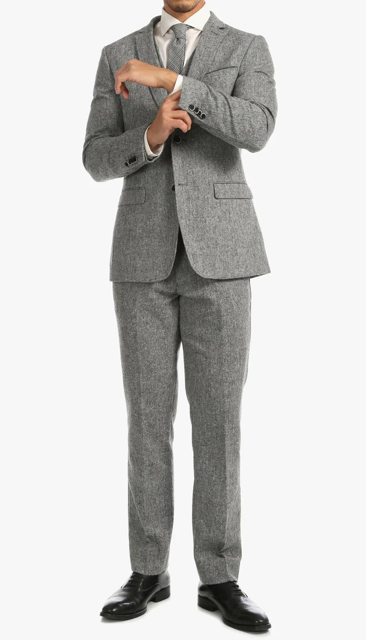 Bradford Grey Slim Fit 3 Piece Tweed Suit - 38 Short Jacket+32 Waist Adjustable 28to34)(Height: 5 4 to5 7 )(Neck  15-16.5)S-M)