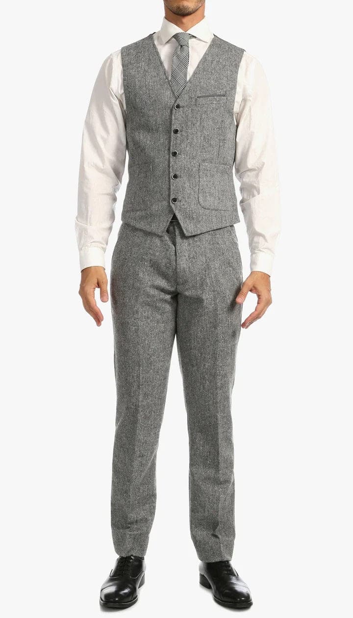Bradford Grey Slim Fit 3 Piece Tweed Suit - 38 Short Jacket+32 Waist Adjustable 28to34)(Height: 5 4 to5 7 )(Neck  15-16.5)S-M)