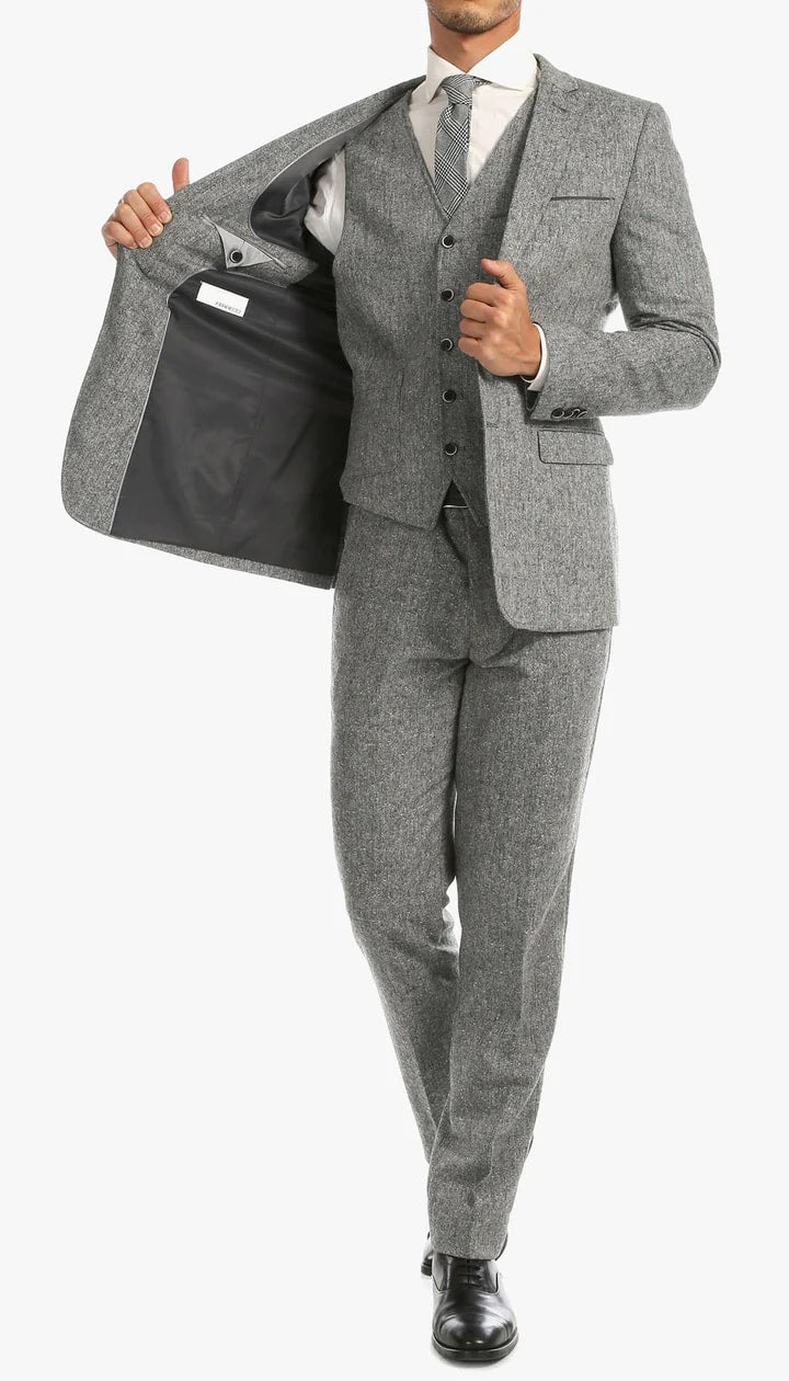 Bradford Grey Slim Fit 3 Piece Tweed Suit - 38 Short Jacket+32 Waist Adjustable 28to34)(Height: 5 4 to5 7 )(Neck  15-16.5)S-M)
