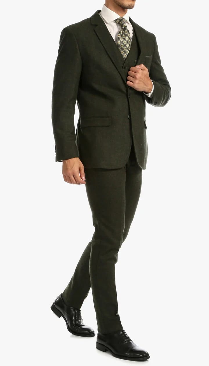 Bradford Hunter Green Slim Fit 3 Piece Tweed Suit - 38 Short Jacket+32 Waist Adjustable 28to34)(Height: 5 4 to5 7 )(Neck  15-16.5)S-M)