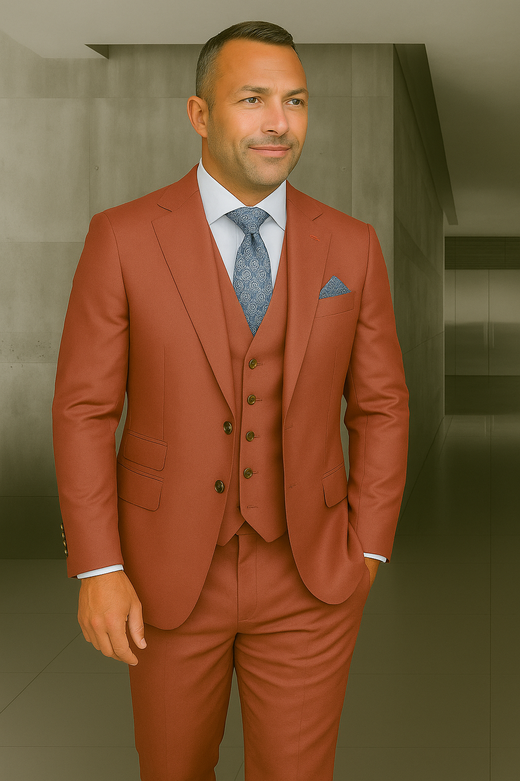 Wool Suit - Italian Made Business Suit by Statement Men's 3 Piece 100% Wool Fashion Suit - Bold Colors - 38R