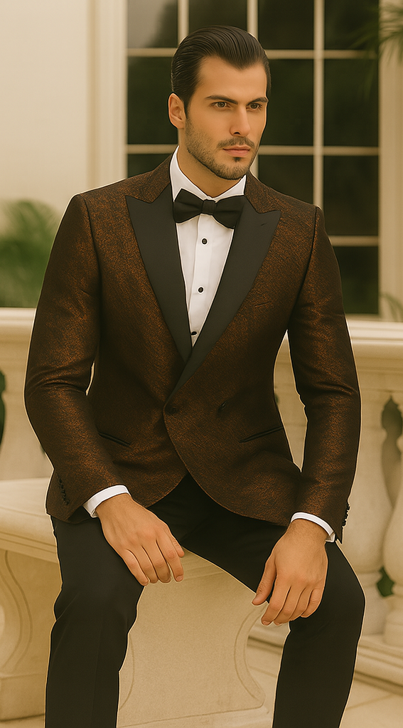 Bronze Double Breasted Rough Streak Pattern Satin Peak Lapel Stacy Adams Men's Jacket - 34 Short or Extra Small