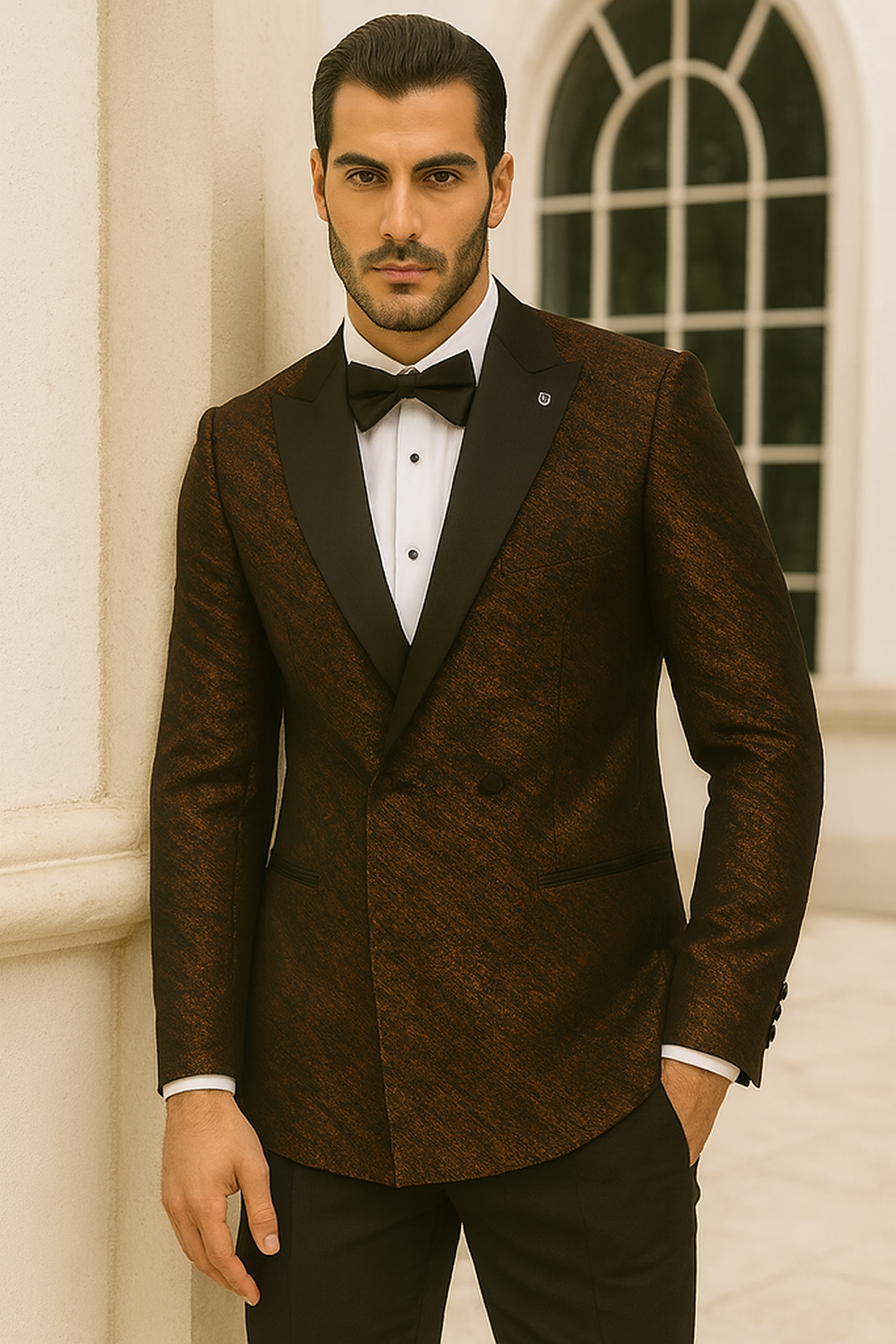 Bronze Double Breasted Rough Streak Pattern Satin Peak Lapel Stacy Adams Men's Jacket - 34 Short or Extra Small