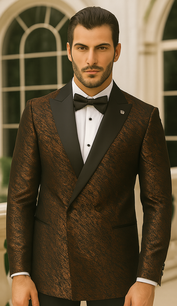 Bronze Double Breasted Rough Streak Pattern Satin Peak Lapel Stacy Adams Men's Jacket - 34 Short or Extra Small