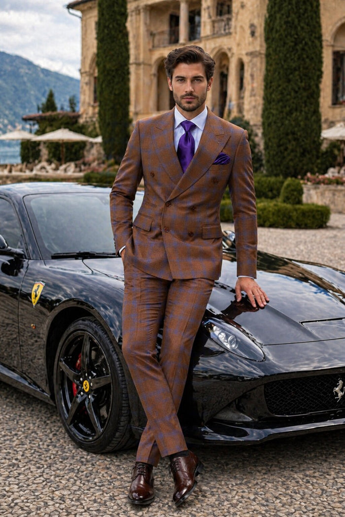 Mens Brown Plaid Double-Breasted Suit Premium 2-Piece Classic Checkered Windowpane Suit by Rossiman