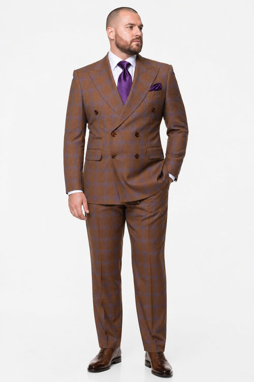 Mens Brown Plaid Double-Breasted Suit Premium 2-Piece Classic Checkered Windowpane Suit by Rossiman