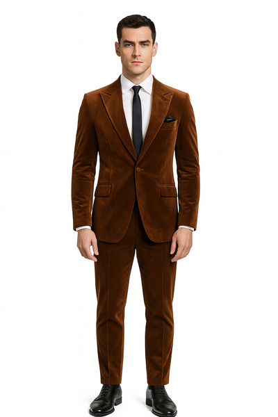 Mens Brown Velvet 2-Piece Suit Luxury Slim Fit Formal Blazer and Pants Set in Rust Copper Color