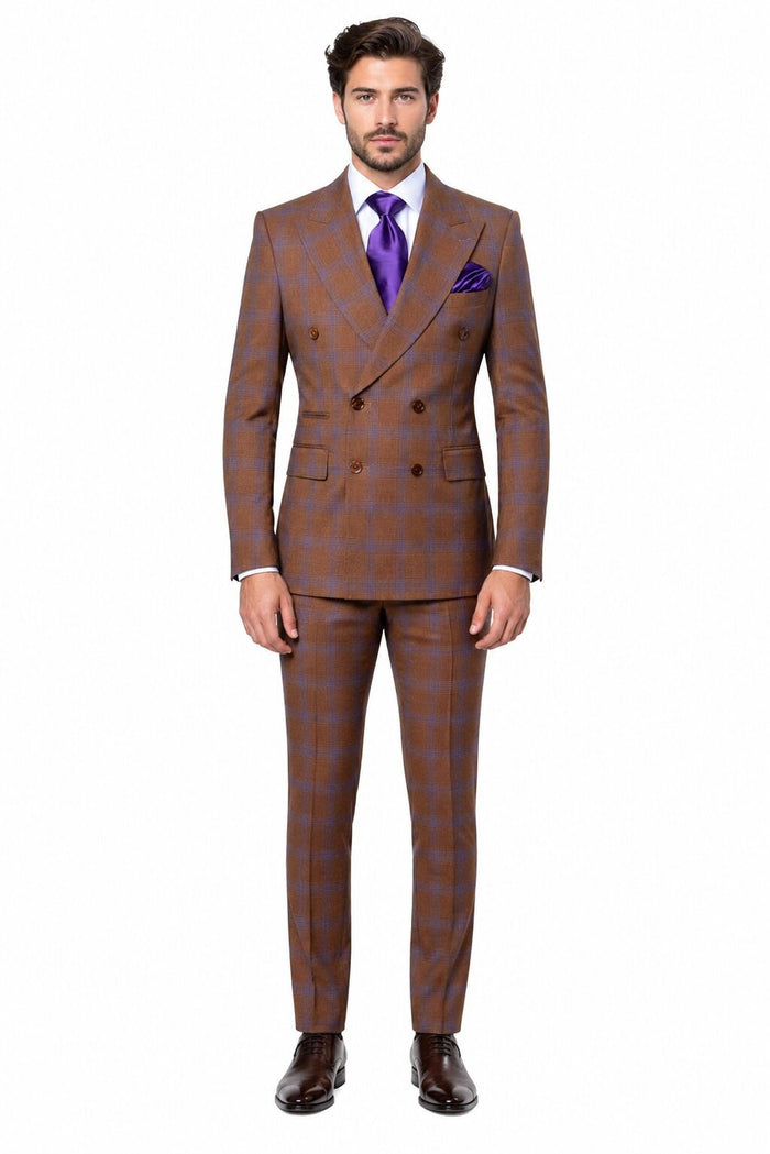 Mens Brown Plaid Double-Breasted Suit Premium 2-Piece Classic Checkered Windowpane Suit by Rossiman