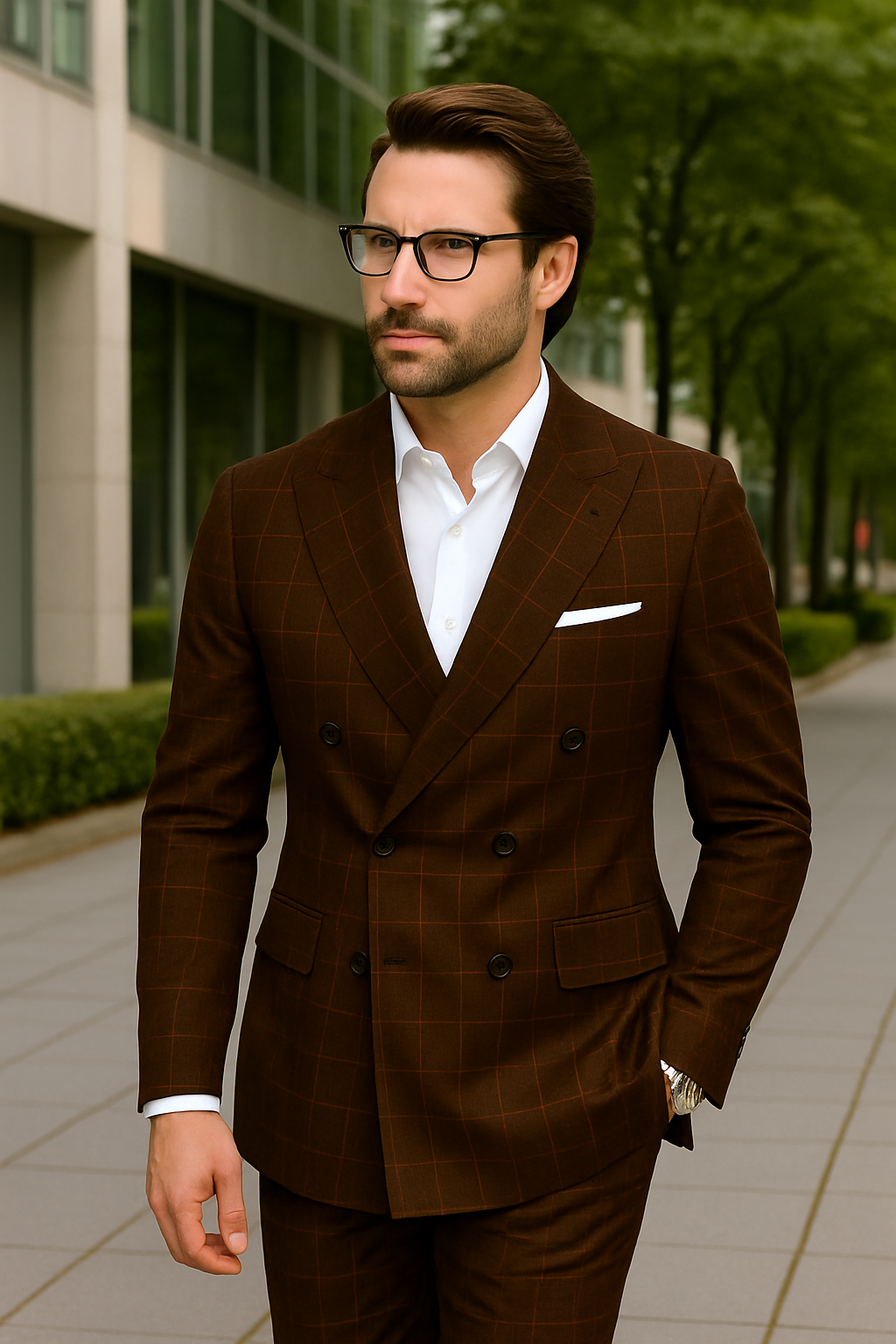 Wool Suit - Italian Made Business Suit by Statement Men's 100% Wool 2 Piece Suit - Double Breasted Windowpane - 38R