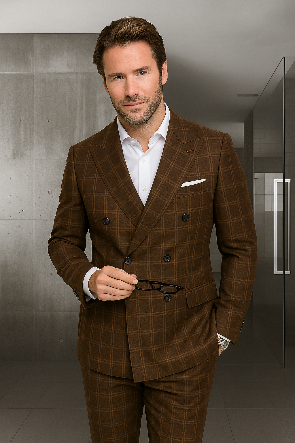 Wool Suit - Italian Made Business Suit by Statement Men's 100% Wool 2 Piece Suit - Double Breasted Windowpane - 38R