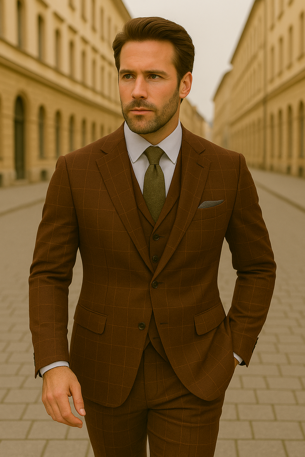 Wool Suit - Italian Made Business Suit by Statement Men's 3 Piece 100% Wool Modern Fit Suit - V-Neck Double Breasted Vest - 38R