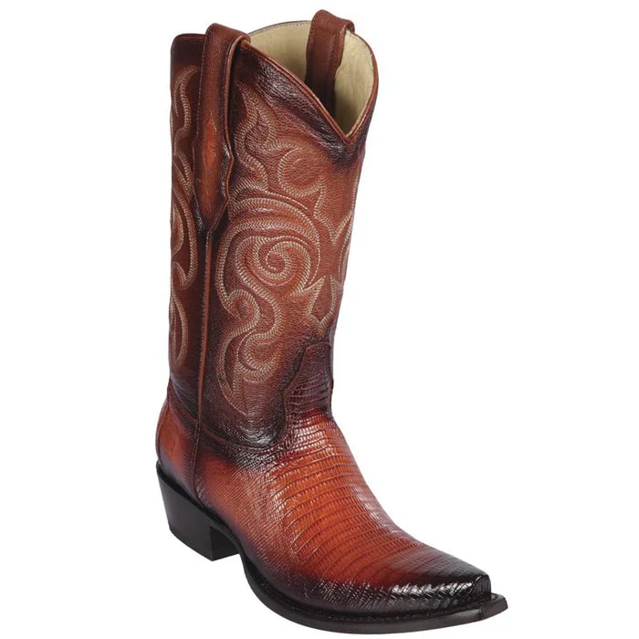 Los Altos Boots - Mens Dress Cowboy Boot - Low Priced Teju Lizard Snip Toe Boots- in Burnish Cognac - 6