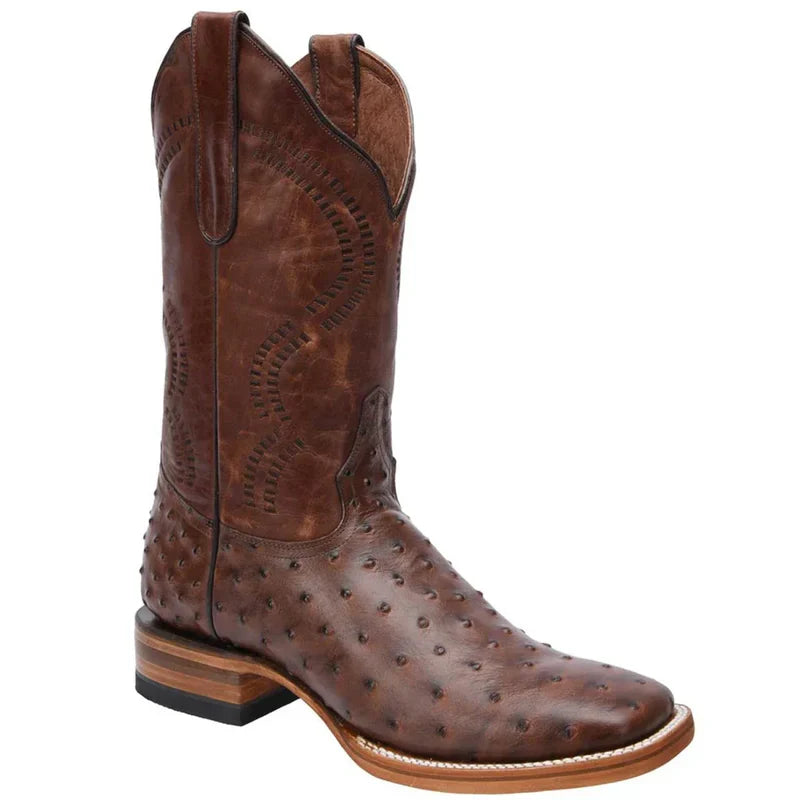 Mens White Diamond Boot Brown Ostrich Print Boots Square Toe - 6
