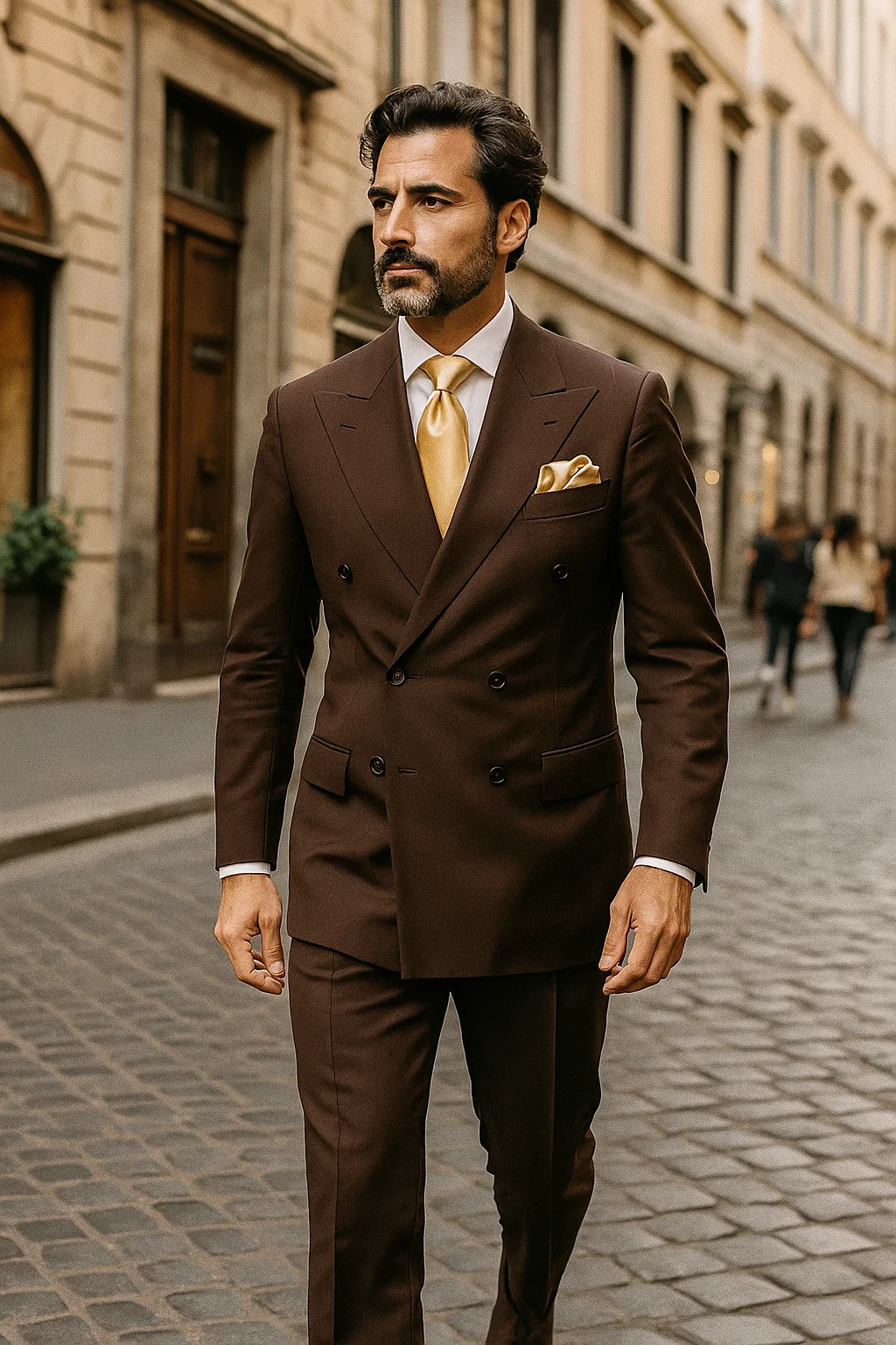 Suits With Baggy Pleated Pants - Wide Leg Pants 100% Wool - Classic Fit in Brown Color by Rossiman - 38 Regular